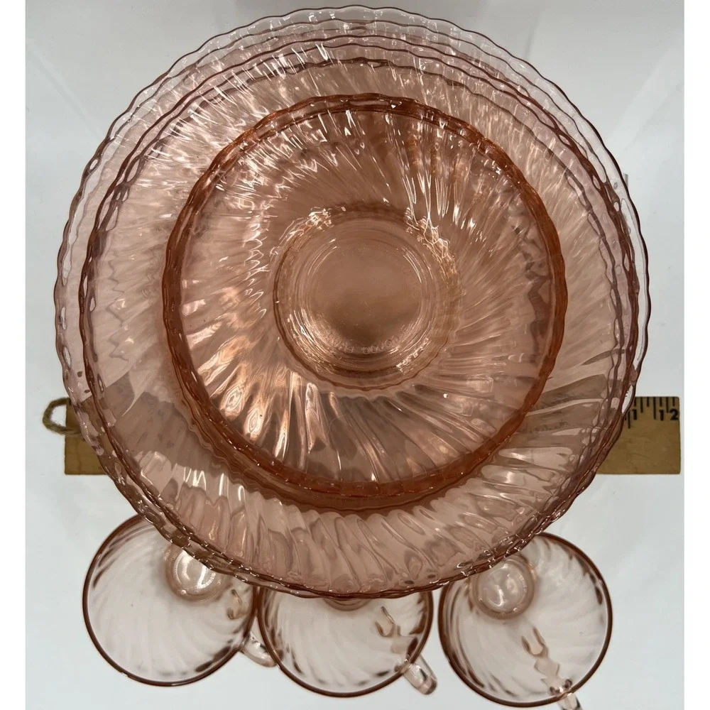 Arcoroc Rosaline Pink Swirl Depression Glass Plates Cup Made In France Set of 14